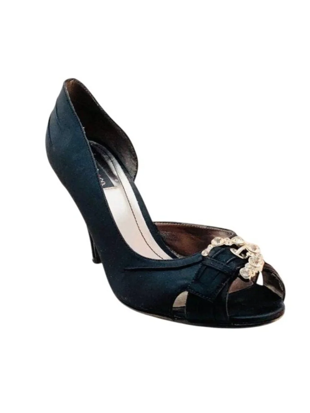 Style & Co Black Satin Peep Toe Heels With Rhinestone Embellishment